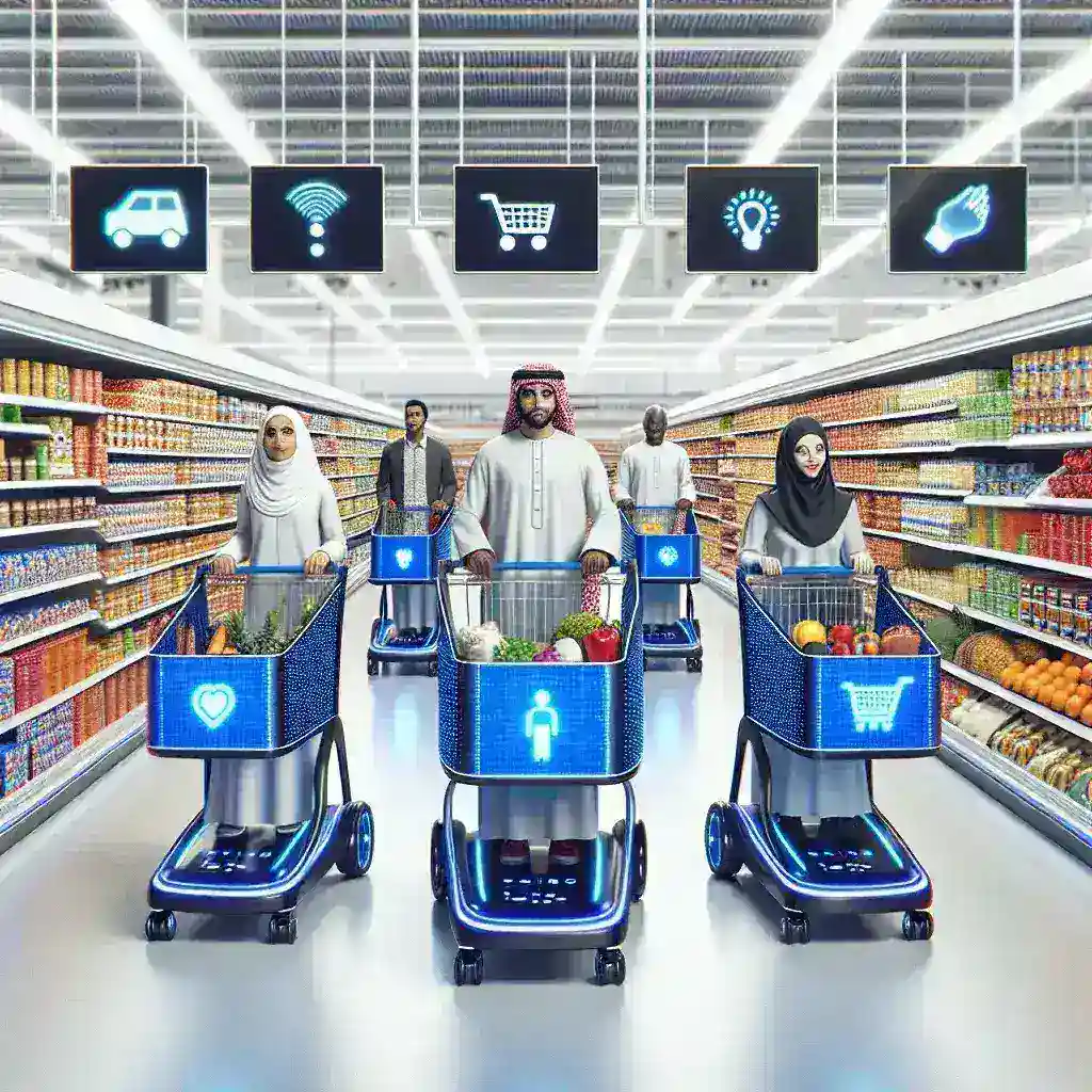 "AI-enabled smart shopping cart at Walmart store, showcasing integrated technology features for enhanced shopping experience in the U.S."